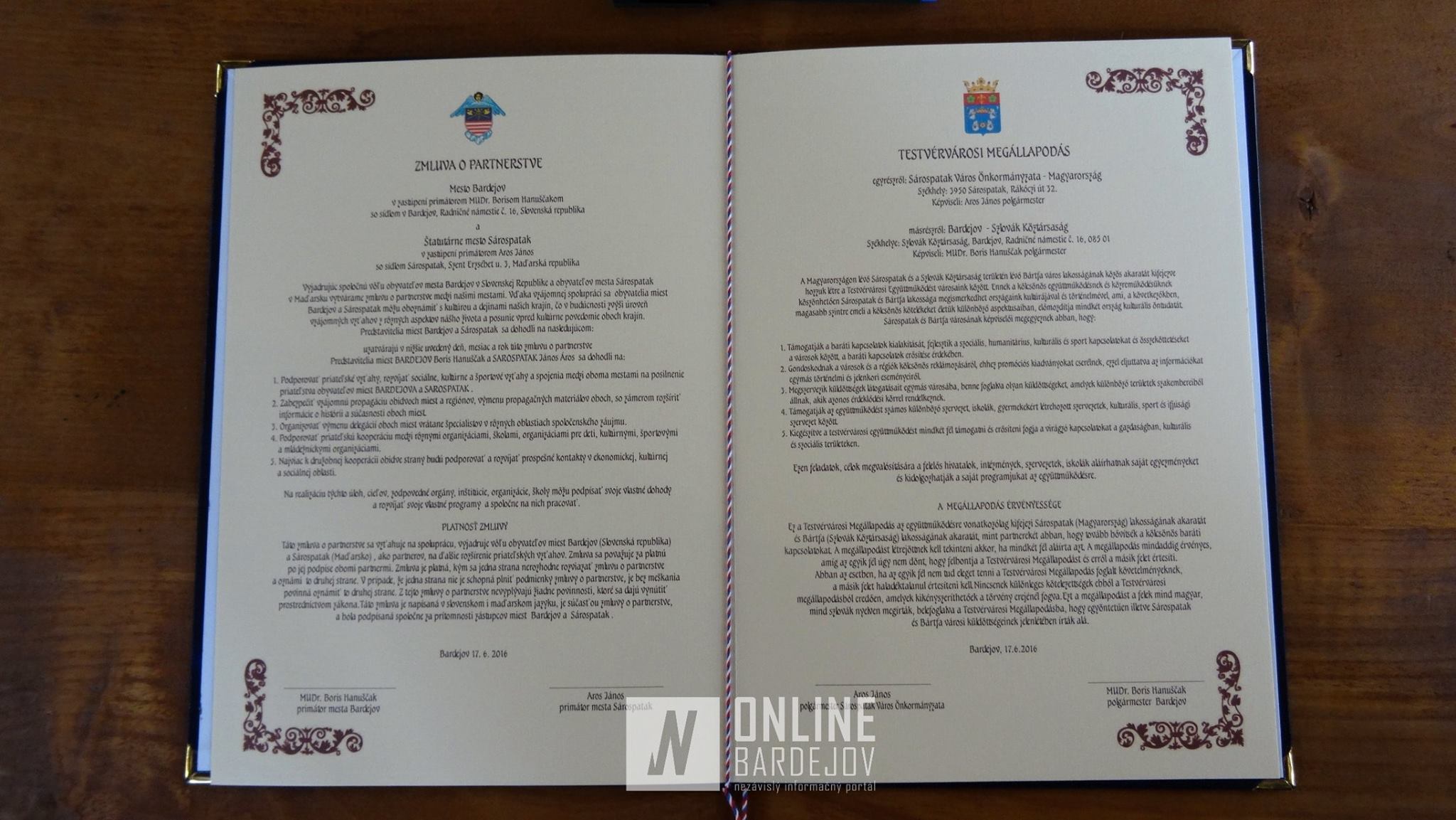 Zmluva o partnerstve medzi mestami Bardejov a Sárospatak.